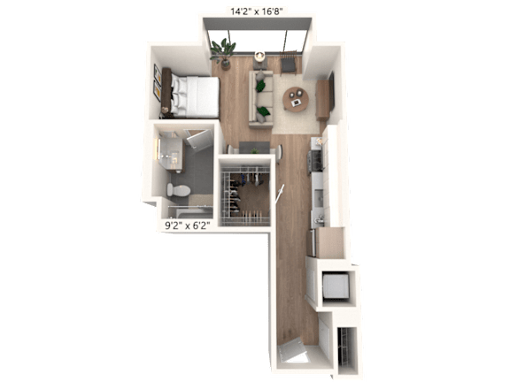 3D floor plan with bedroom and hallway storage at Cassidy on Canal Apartments, Chicago, IL