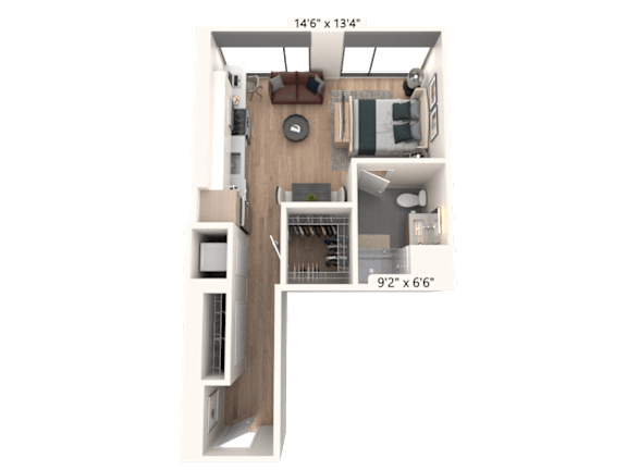 3D floor plan studio apartment with walk-in closet at Cassidy on Canal Apartments, Chicago, 60606
