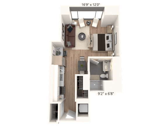 3D floor plan of studio apartment layout at Cassidy on Canal Apartments, Chicago, Illinois