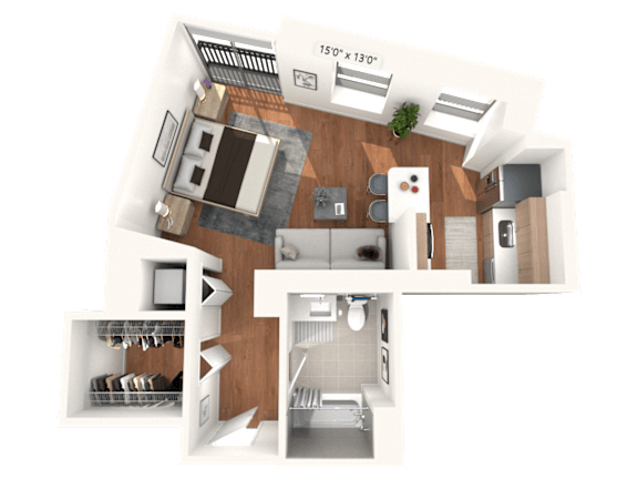 A 3D floor plan of a studio apartment with a kitchen, living room, and bathroom.