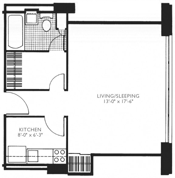 Studio 1 Bath 428-508 Sq.Ft. Studio Floor Plan at Twin Towers, Illinois, 60615