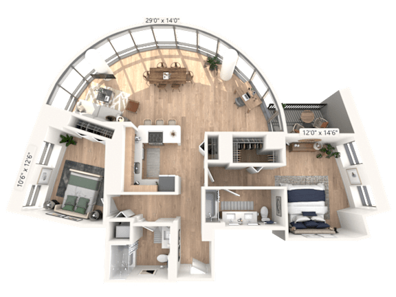 A 3D floor plan of a large apartment with a living room, kitchen, and two bedrooms.