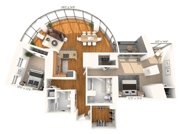 A 3D floor plan of an apartment with a basketball court in the backyard.