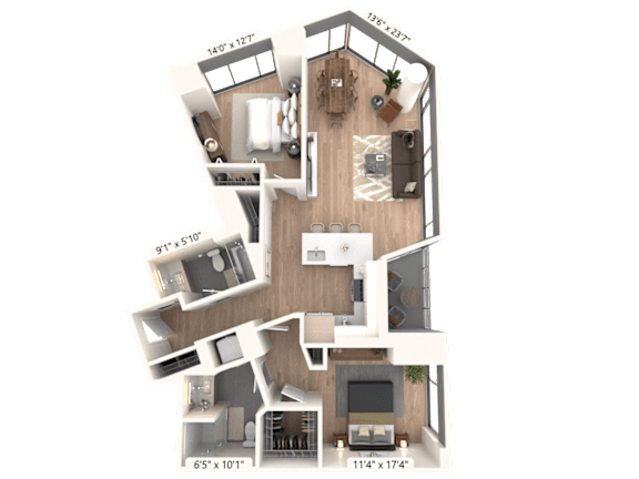 3D floor plan with bedroom bathroom and living space at Cassidy on Canal Apartments, Chicago