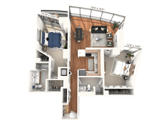 A 3D floor plan of an apartment with dimensions and furniture layout.