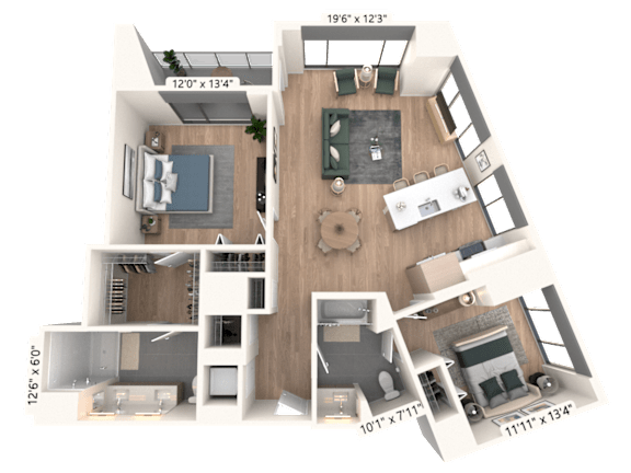 3D floor plan with two bedrooms and dining space at Cassidy on Canal Apartments, Illinois
