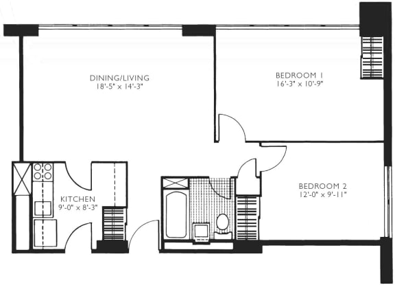 2 Bedroom 1 Bath 735-752 Sq.Ft. Two Bedroom Floor Plan at Twin Towers, IL