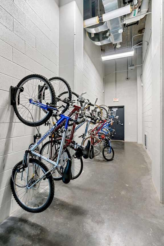 A row of bicycles are parked in a hallway.