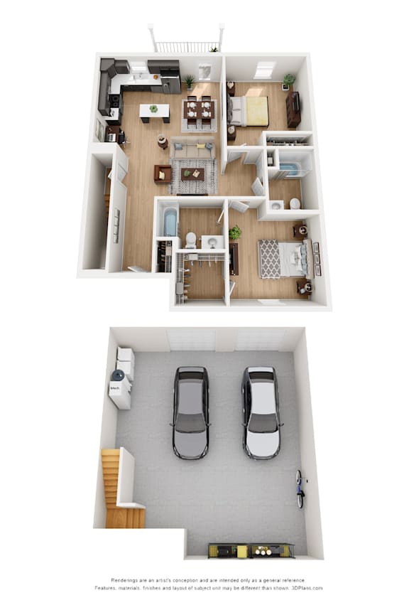 A floor plan of a house with two bedrooms, a living room, a kitchen, and two parking spaces.