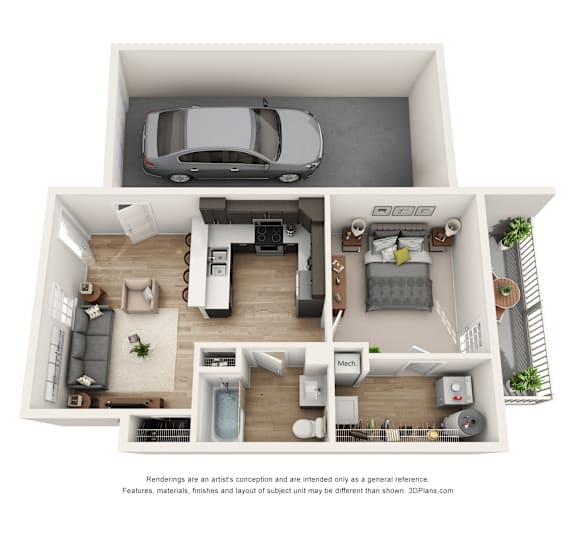 A 3D floor plan of a house with a car parked in the garage.