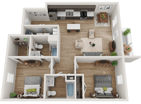 A 3D floor plan of a house with multiple rooms and furniture.