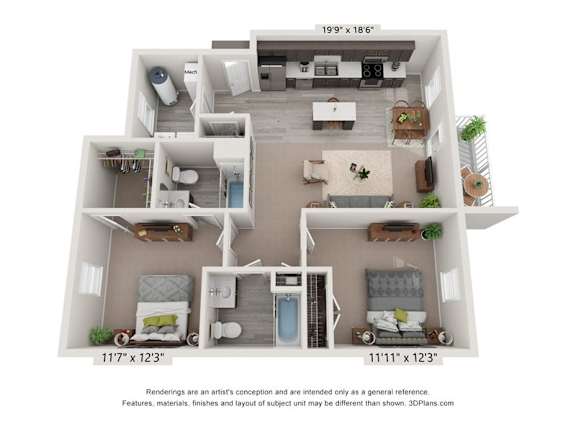 A 3D floor plan of a small apartment with two bedrooms, a living room, and a kitchen.