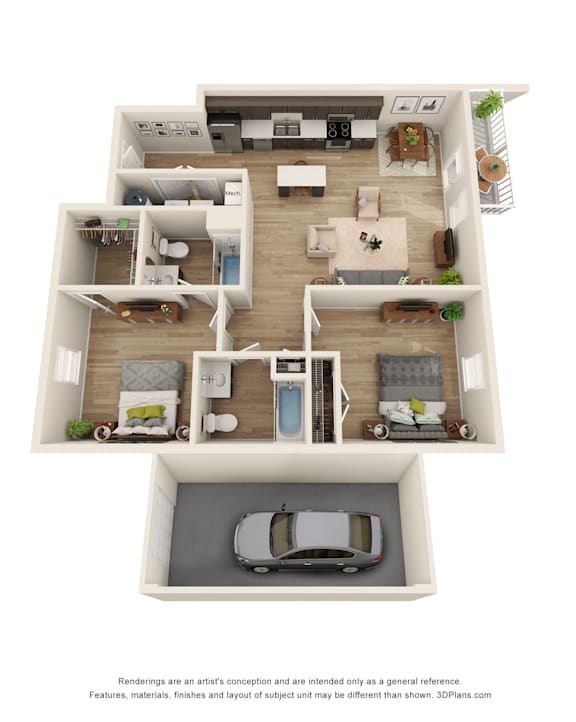 A 3D floor plan of a house with a car parked in the garage.