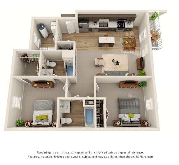 A 3D floor plan of a house with two bedrooms, a living room, a kitchen, and a bathroom.