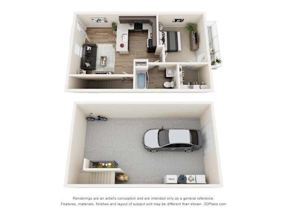 A 3D floor plan of a house with a car parked in the garage.
