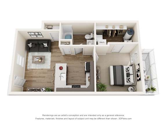 A 3D floor plan of a small apartment with a kitchen, living room, and bedroom.