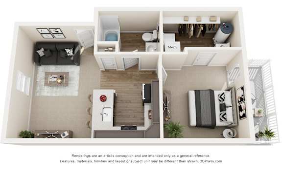 A 3D floor plan of a house with a kitchen, living room, and bedrooms.