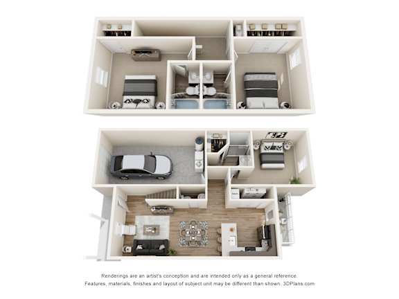 A 3D floor plan of a house with two bedrooms, a living room, a kitchen, and a garage.