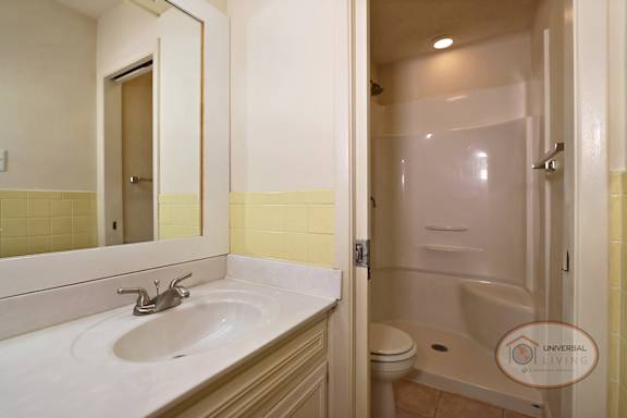 A bathroom with a sink, mirror, and shower.