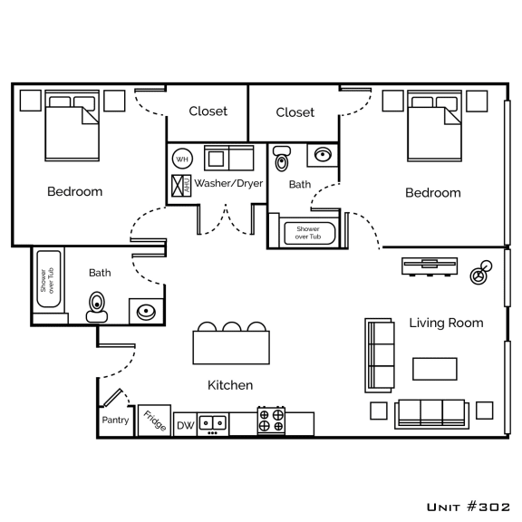 a floor plan of a bedroom apartment with a living room and a dining room