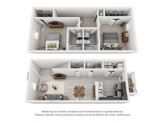 a stylized 3d floor plan of a town house