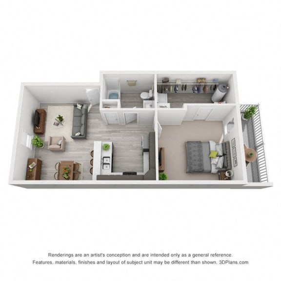 a 3d rendering of a 1 bedroom floor plan