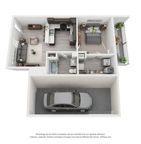 a stylized floor plan with a car in the