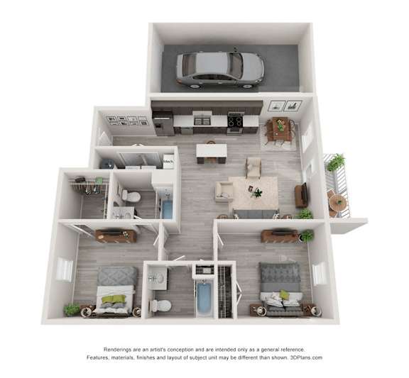 A 3D floor plan of a house with a kitchen, living room, dining room, and two bedrooms.