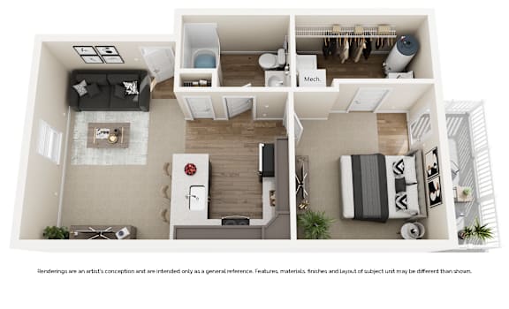 A floor plan of a house with a kitchen, living room, and two bedrooms.