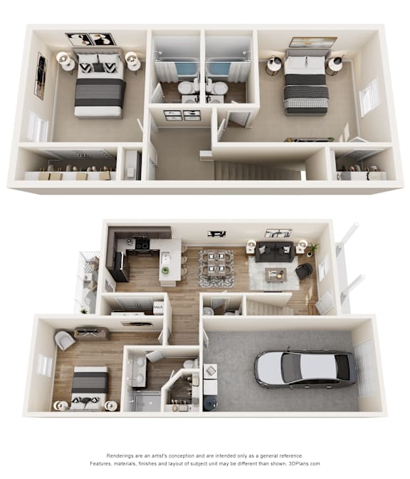A floor plan of a two-bedroom apartment with a living room, kitchen, and bathroom.