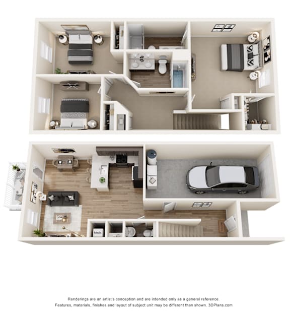 A 3D floor plan of a two-story residential building.