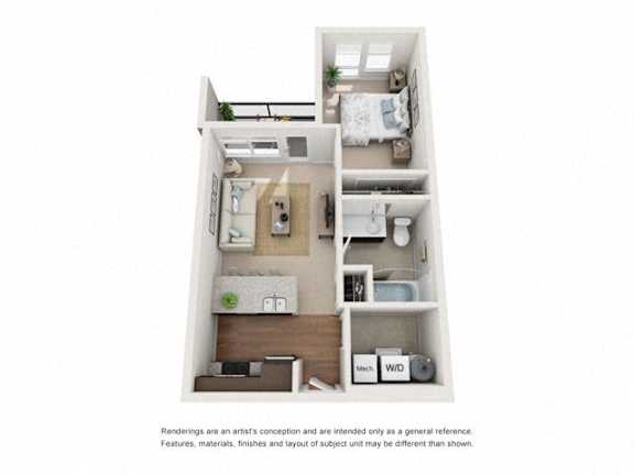 A floor plan of a small apartment with a kitchen, living room, and bedrooms.
