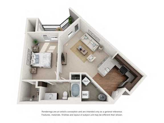 A 3D rendered image of a house layout.