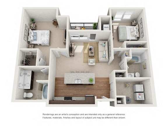 A 3D floor plan of a house with a kitchen, living room, and bedrooms.