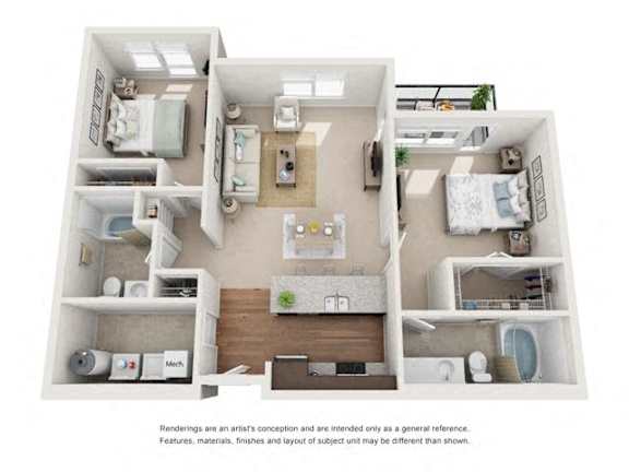 A floor plan of a small apartment with a kitchen, living room, and two bedrooms.