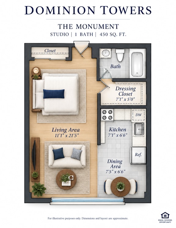 A floor plan for Dominion Towers shows the layout of a studio apartment.