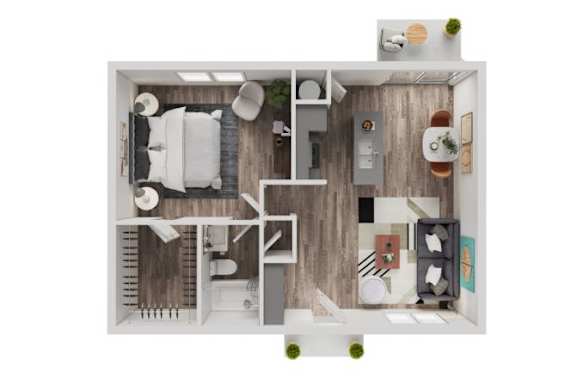 A top-down view of a small apartment with a kitchen, living room, and bathroom.