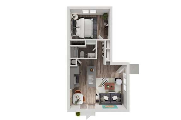 A top down view of a small apartment with a kitchen, living room and bedroom.