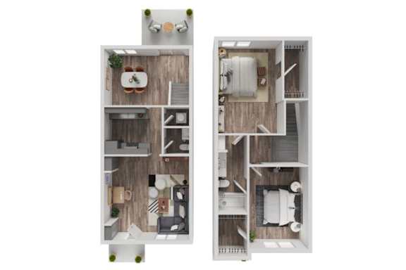 A top down view of a small apartment with a kitchen, living room, and bedroom.