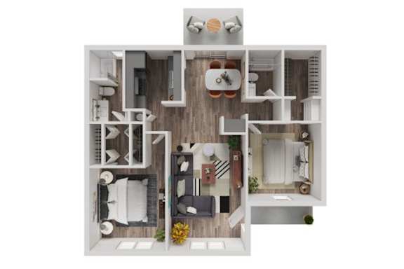A top-down view of a small apartment with a kitchen, living room, and bedroom.