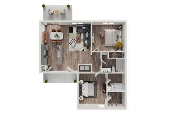 A top-down view of a small apartment with a kitchen, living room, and bathroom.