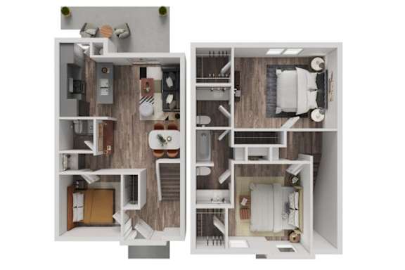 A split image of a small apartment with a kitchen and a bathroom.
