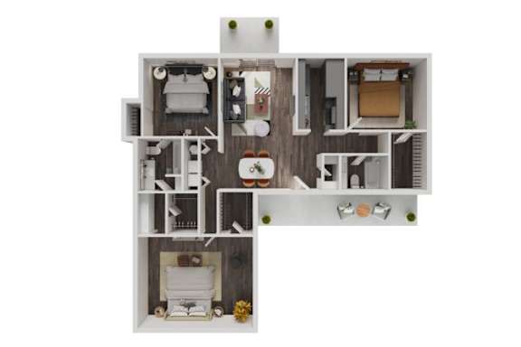 A floor plan of a small apartment with a kitchen, living room, and two bedrooms.