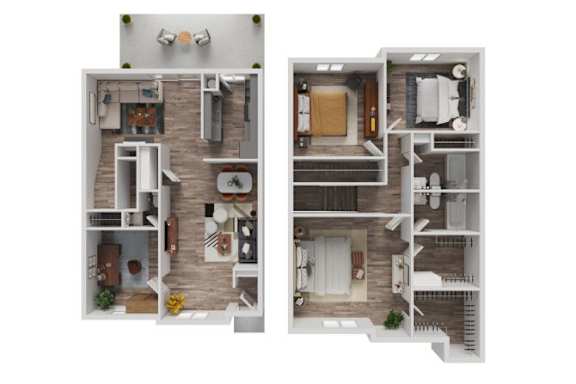 Two images of a house layout with a kitchen, living room, and bedrooms.