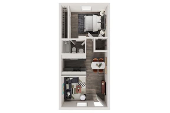 A top-down view of a small apartment with a kitchen, living room, and bathroom.