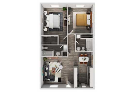 A top-down view of a small apartment with a kitchen, living room, and bedroom.