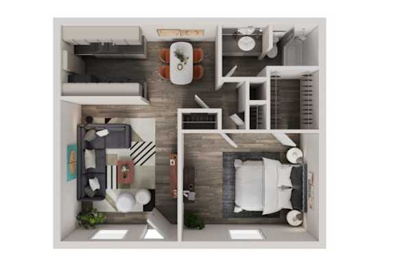 A top-down view of a modern apartment layout with a kitchen, living room, and bedroom.