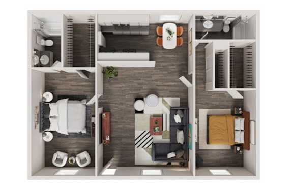A top-down view of a small apartment with a bedroom, living room, and kitchen.