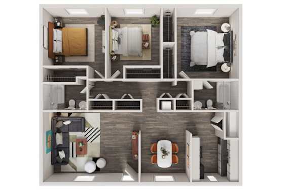 A top-down view of a small apartment with a kitchen, living room, and bedroom.
