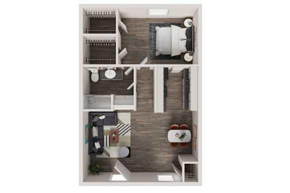 A top-down view of a small apartment with a kitchen, living room, and bathroom.